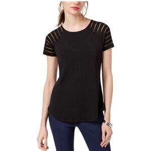 INC International Concepts black Top with sheer, striped sleeves, XL
